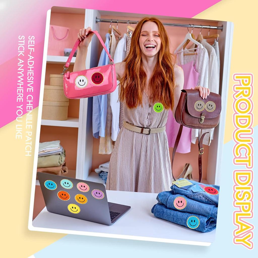 72 Pcs Self Adhesive Smile Face Patch Chenille Patches Colorful Cute Happy Face Chenille Patch Applique for Clothing Fabric Jackets DIY Mobile Phone