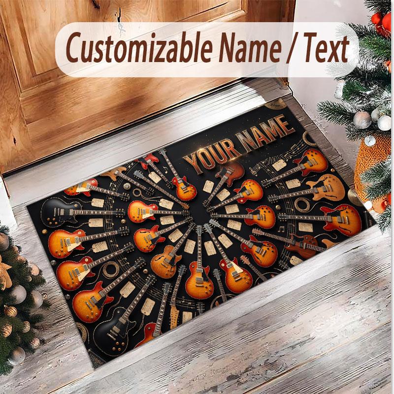 Music Guitar Theme Soft Crystal Velvet Rug Custom Name & Text Print Non Slip Floor Rug for Bedroom Living Room