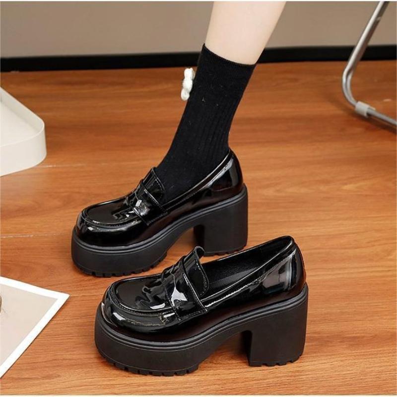 8cm Chunky Heel Platform Loafers Office Work Shoes Black Leather Shoes with Waterproof Sole Korean Thick Heel Casual Shoes