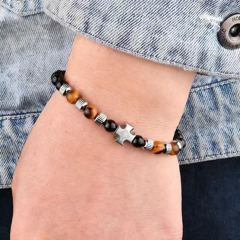 Men's European 6mm Stainless Steel Bracelet with Tiger Eye and Black Obsidian Stones