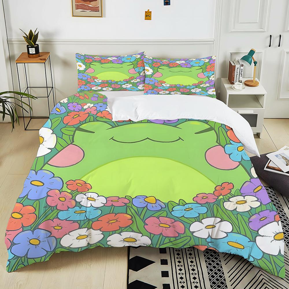 3PC Green Frog in Colorful Flowers Print Bedding Set 1 Duvet Cover 2 Pillowcases for Adult and Children Luxury Gift Full Size