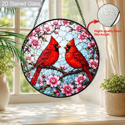 1pc 2D Flat Cardinal Stained Glass Suncatcher, 6.3/7.87 Inch Wildflower Red Bird Suncatcher Stained Glass Window Hanging Decor, Wall Hanging Flower