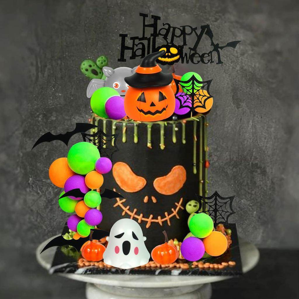 39pcs Halloween Cake Toppers 3D Pumpkin Bat Ghost Cake Balls Cake Decorations Happy Halloween Cake Topper For Party Supplies