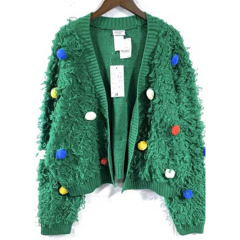 

European and American Foreign Trade Original Garment Christmas Style Colorful Ball Tassel Short No Buckle Knit Sweater Cardigan Women 24119 Emerald green XL