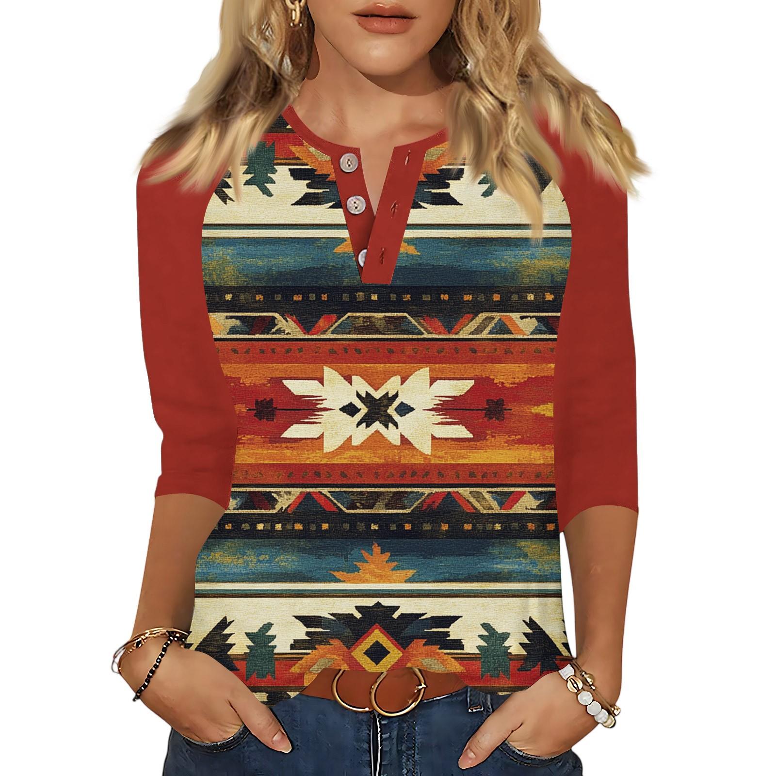 

Женские топы рукав три четверти V-образный вырез на пуговицах с принтом футболка из имитации хлопка XL красный