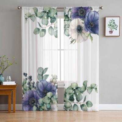 Exotische Blumen und Eukalyptusblätter, transparente Vorhänge für Schlafzimmer, Wohnzimmer, Tüllvorhänge für die Küche, Voile-Vorhänge