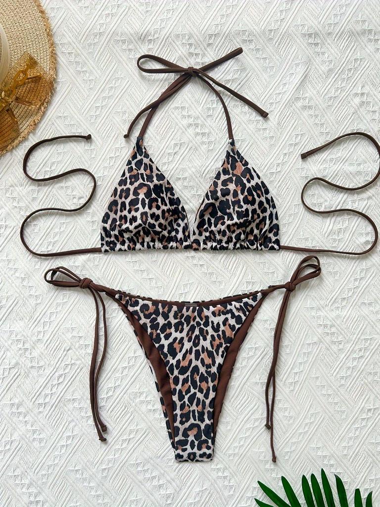 European & American Cross-Border Leopard Print Backless Bandage Bikini for Women