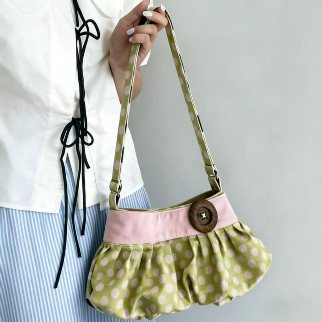 Retro Polka Dot Shoulder Bag Wooden Button Decor Handbag Pleated Design Soft Dumpling Bag Striped Pattern Casual Commuter Bag