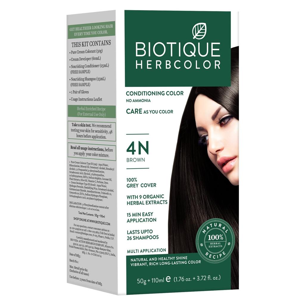 Biotique Herbcolor Ammonia Free Hair Color 50g + 110ml | Organic Herbal Extracts | Natural Shine | Grey Coverage | Lasts 26 Washes | Brown 4N