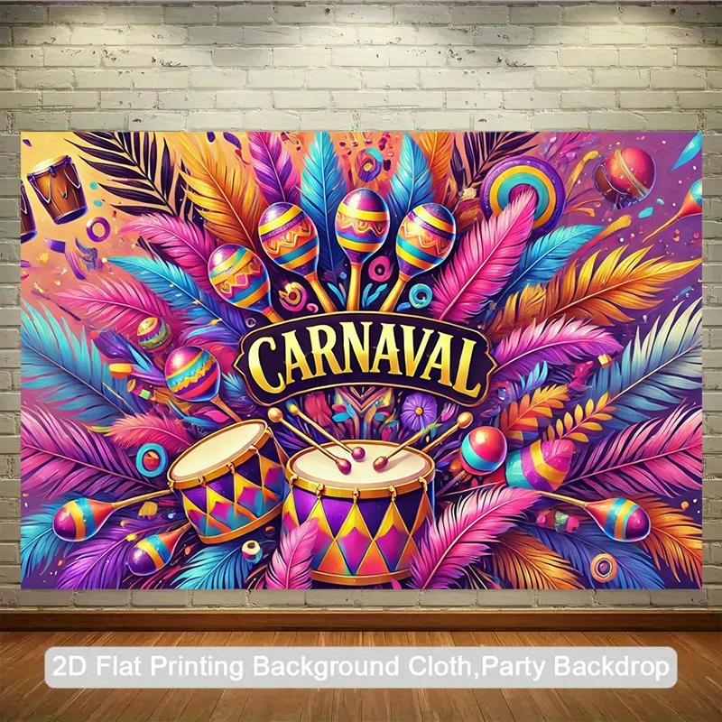 2D flat design, one-person carnival party background with Brazilian samba drums and sand balls - a vibrant carnival them
