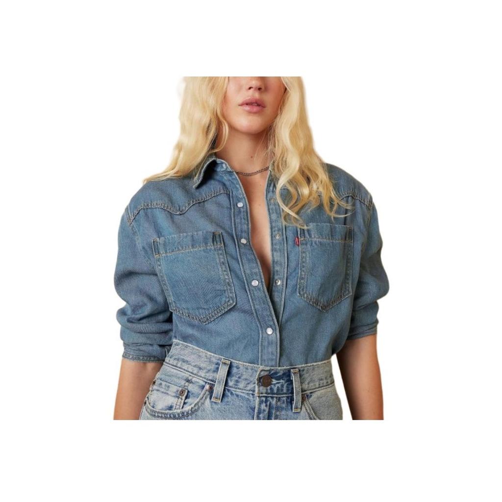 Levis Solid Color Loose Fit Square Neck Denim Long Sleeve Shirt Women shirts Blue A7244-0006