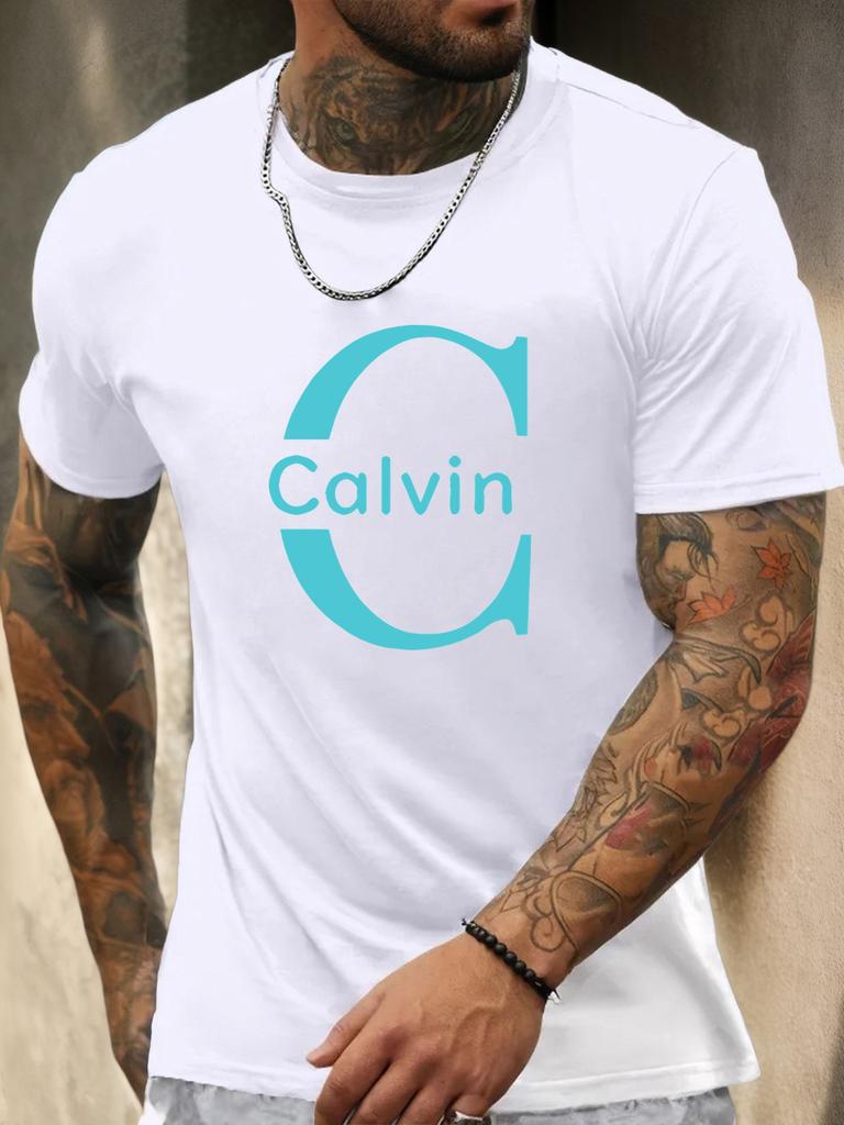 Camiseta de Manga Curta Calvin Masculina 100% Algodão Estampa Colorida Verão Gola Redonda Respirável Casual Moda Camiseta Legal