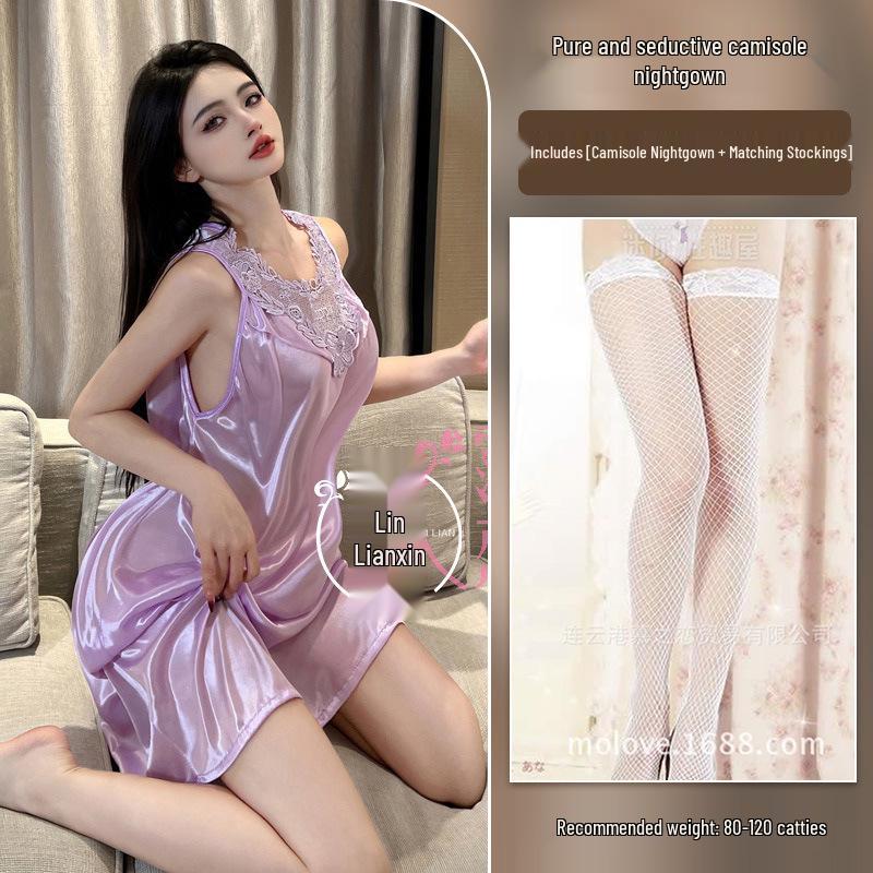 Cămașă de noapte Milian Mărimi Mari din Dantelă - Lenjerie de Noapte Coreeană fără Mâneci