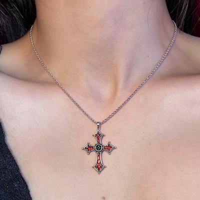 Fashion Punk Inverted Red Cross Necklace for Women Gothic Dark Alloy Pendant Choker Chains Trendy Personality Accessories Gift