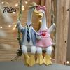 Cute Duck Couple Figurine Resin Swing Ducks Hanging Ornament, Hand Painted Cartoon Pair Statue for Balcony Figurines, Waterproof Indoor Outdoor Garden