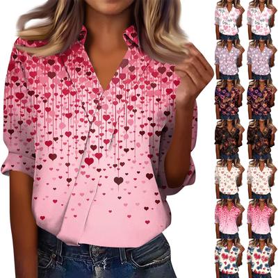 Women's 3/4-Sleeve V-Neck Shirt Printed Workwear Casual Regular Shirt Collar Top