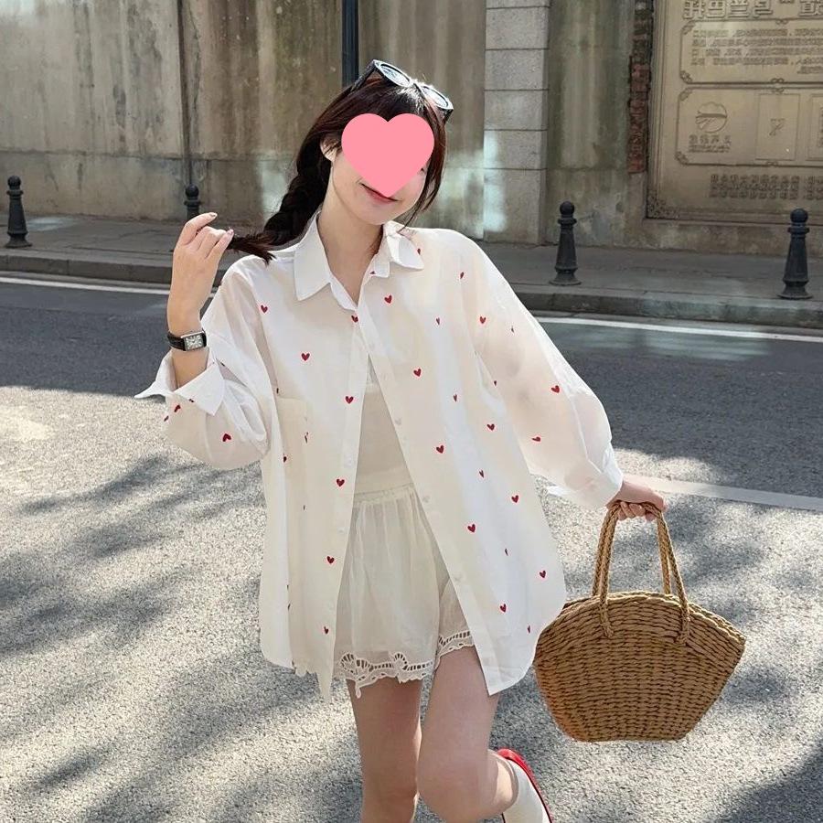 2026 Elegant White Love Print Long Sleeve Casual Spring and Summer Top