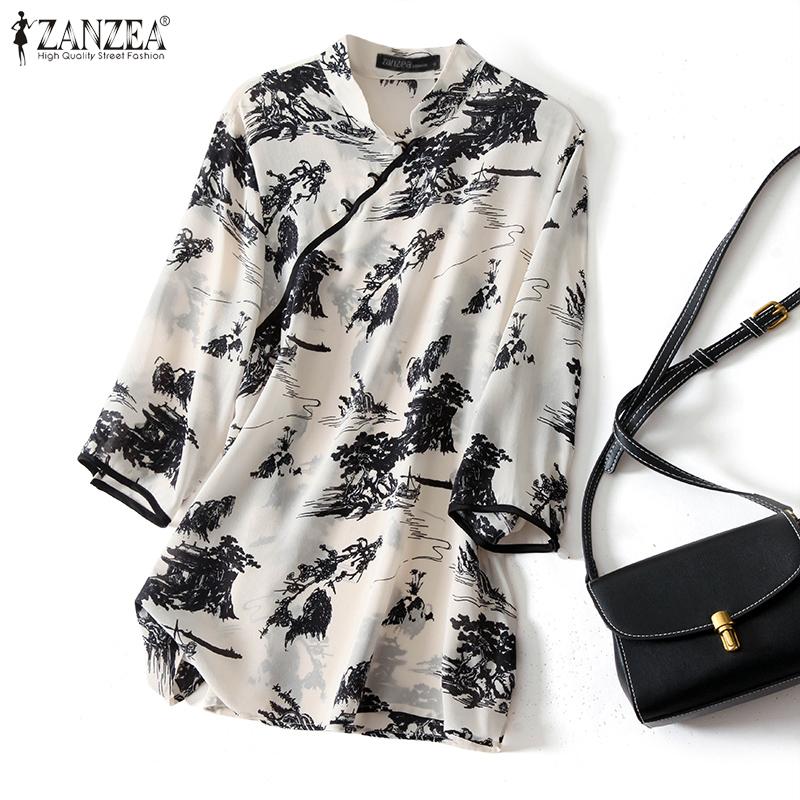 

ZANZEA Женщины Летняя повседневная стойка Воротник 3/4 Рукав Принт Блузка Рубашки
