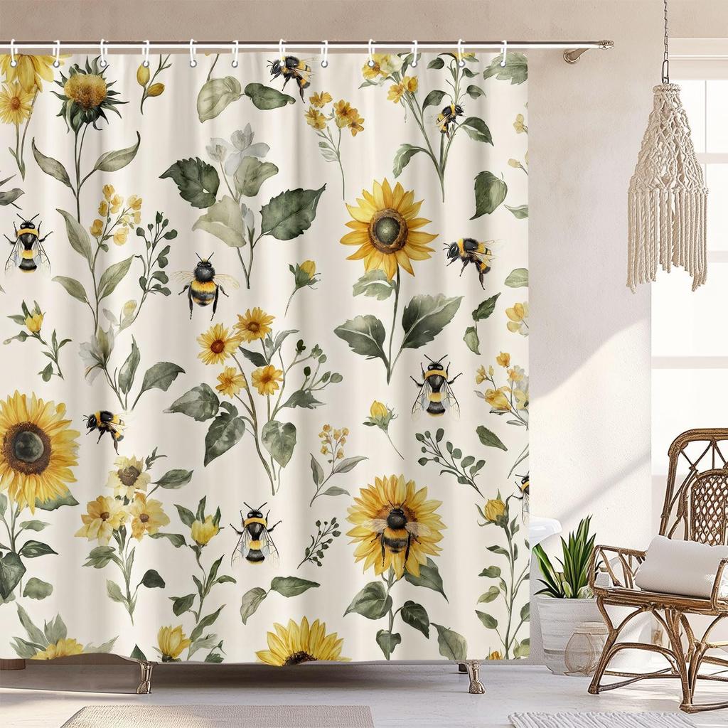 Vintage Boho Shower Curtain Black and Gold Floral Bathroom Aesthetic Decorative, Funny Rustic Bee Daisy Flowers Witchy Eclecti