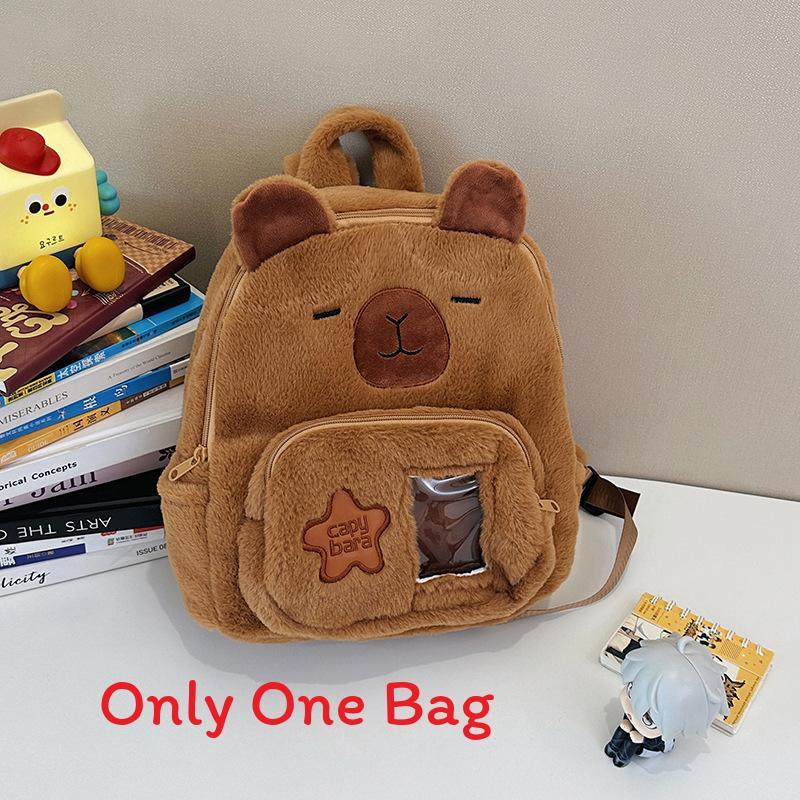 Plush Cartoon Capybara Backpack With Front Pouch For Teen School Travel
