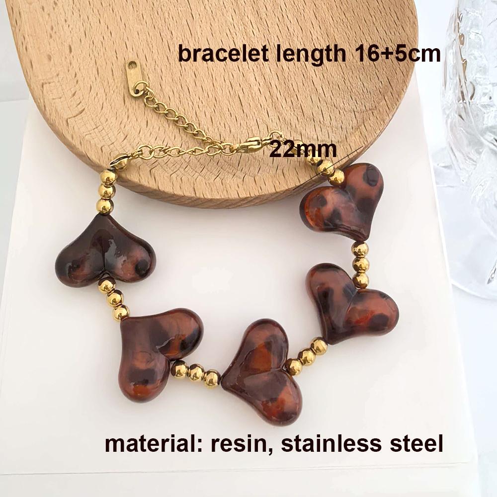 Heart Leopard Print Bracelet Women Resin Stainless Steel Thick Chain Geometric Gold Beads Statement Coffee Trendy