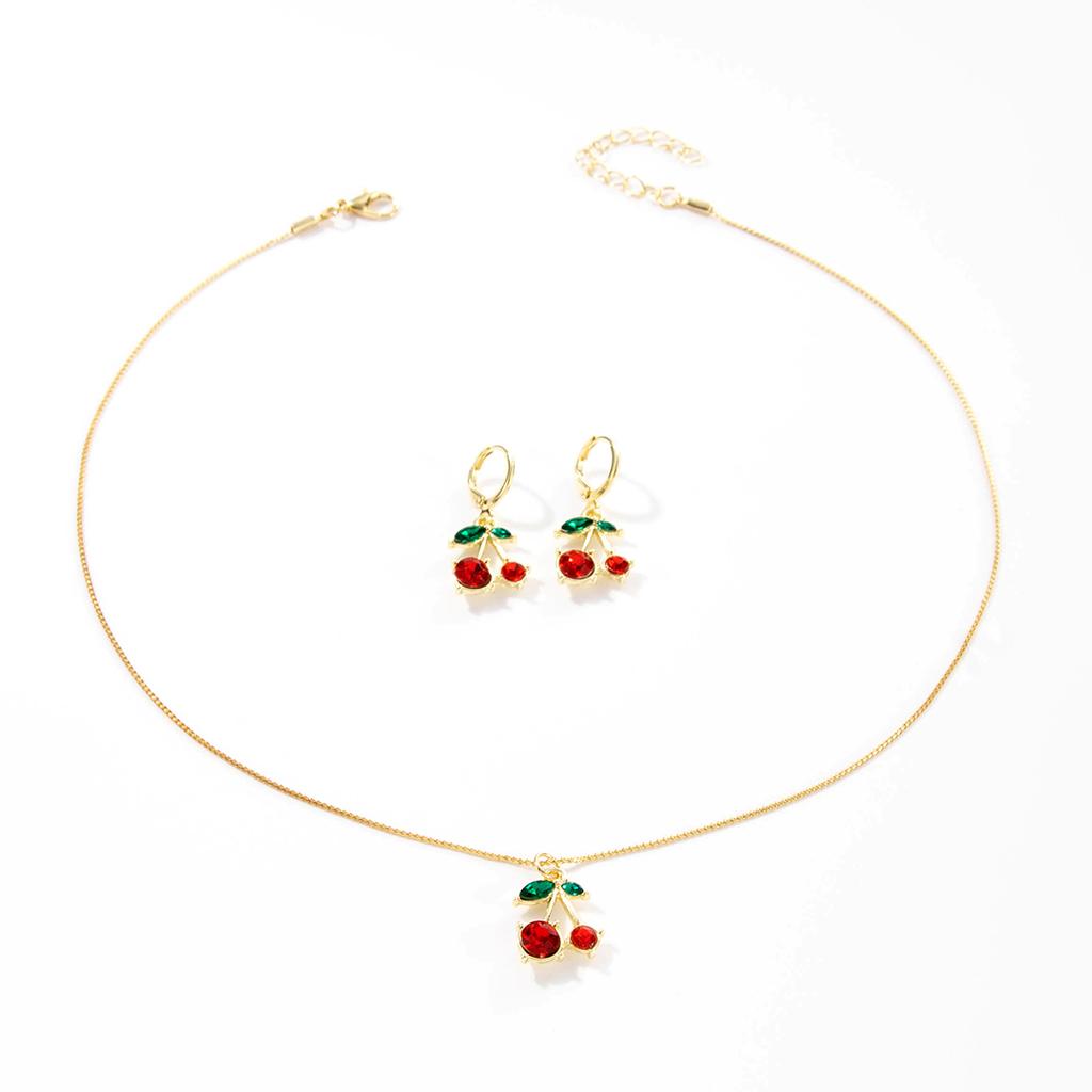 Red Zircon Fruit Cherry Pendant Earrings Necklace For Women New Trend Fashion Collarbone Chain Jewelry Set Gifts