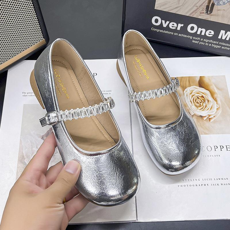 Rhinestone silver Mary Jane shoes women's autumn and summer new models with skirts, evening small leather shoes, flat shoes