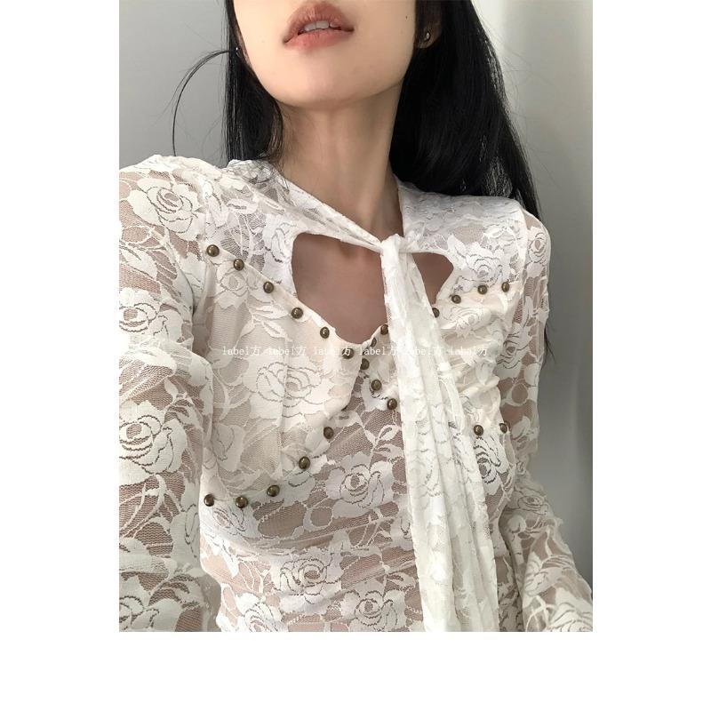 Vintage T Shirt Women Lace Lcae Up Shirt Hollow Out Y2k Tee Tops Fairycore 2000s Korean Style Tshirts Autumn Winter