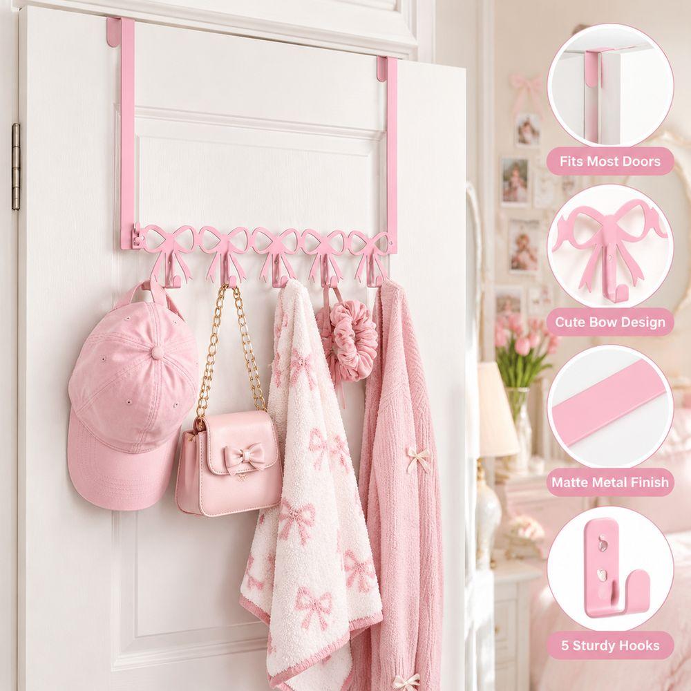 Pink Metal Hook Rack 5 Hooks Pink Bow Hooks Coquettish Over The Door Hooks Bedroom Decor