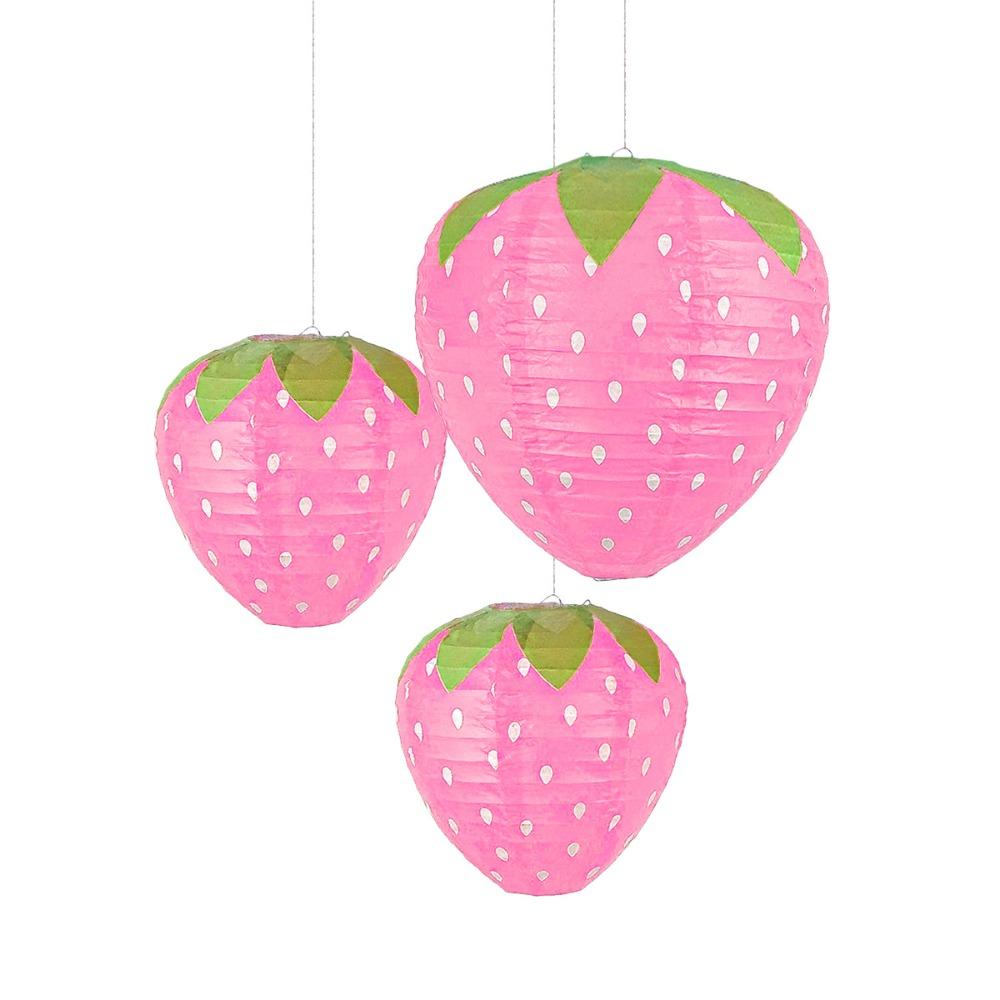 3PCS 3D Design 3D Strawberry Lantern Pink Red Color Children's Lantern Paper Lantern  Girls Party