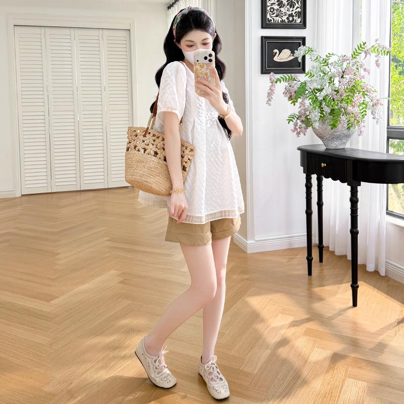 2026 Summer Maternity Fashion: Pleated Doll Shirt + Adjustable Pants Set L