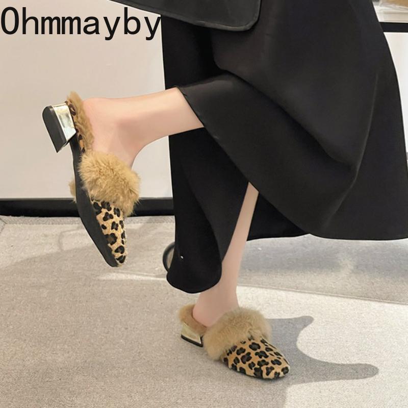 New Spring Faux Fur Women Mules Slippers Fashion Leopard Cover Toe Slide Ladies Elegant Low Heel Dress Slip On Shoes