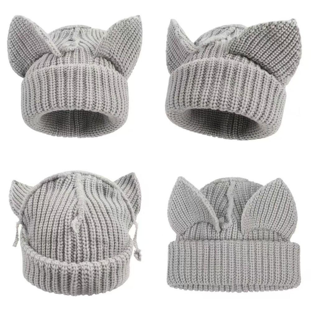 Stretchable Knit Cat Ear Beanie Yarn Striped Beanie Gifts Knitted Beanie Hat  Women and Men