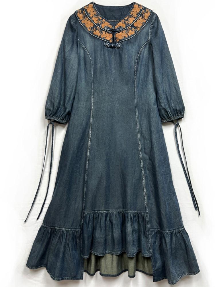 

Johnature женское модное платье с вышивкой в ​​китайском стиле однотонное нерегулярное джинсовое платье «рыбий хвост» M синий