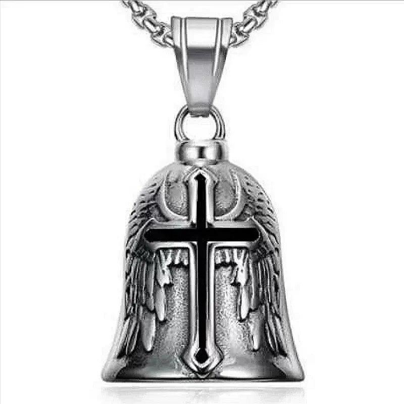 Vintage Cross Wings Angel Guardian Bell Motorcycle Necklace for Men Fashion Charm Bell Pendant Rider Jewelry Gift