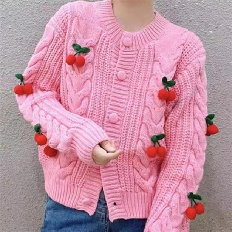 Womens Short Cropped Knit Cardigan 2026 Winter Cherry Print Sweet Loose Fit Sweater