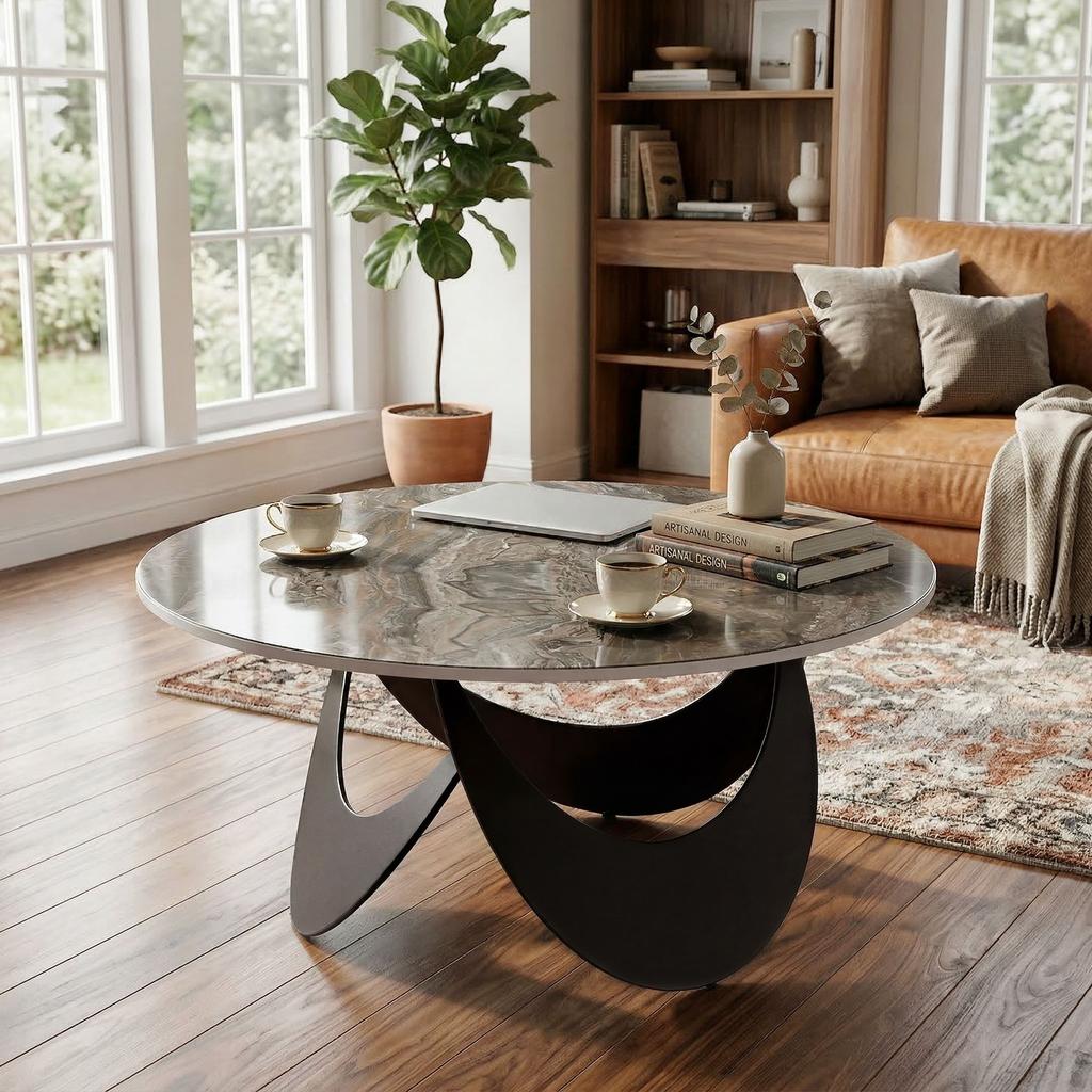 Coffee Table Sintered Stone Top Adjustable Foot Pads Modern Centre Table for Living Room Brown and Black