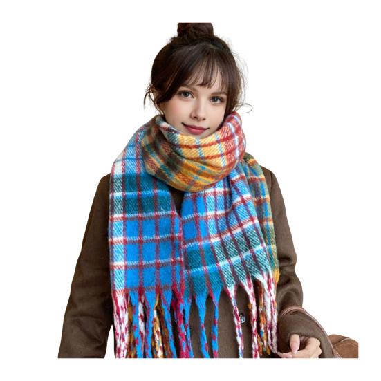 Women Scarf Plaid Pattern Cashmere Feel Plush Scarf with Tassel Decoration Travel Sweater Coat Accessory