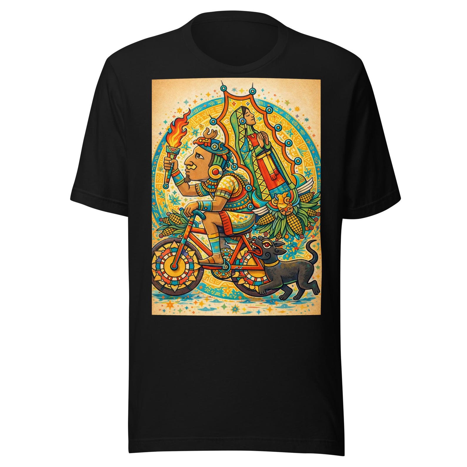 Aztec Warrior on Bicycle — Mexican Art with Virgin and Xoloitzcuintle Unisex t-shirt 3XL