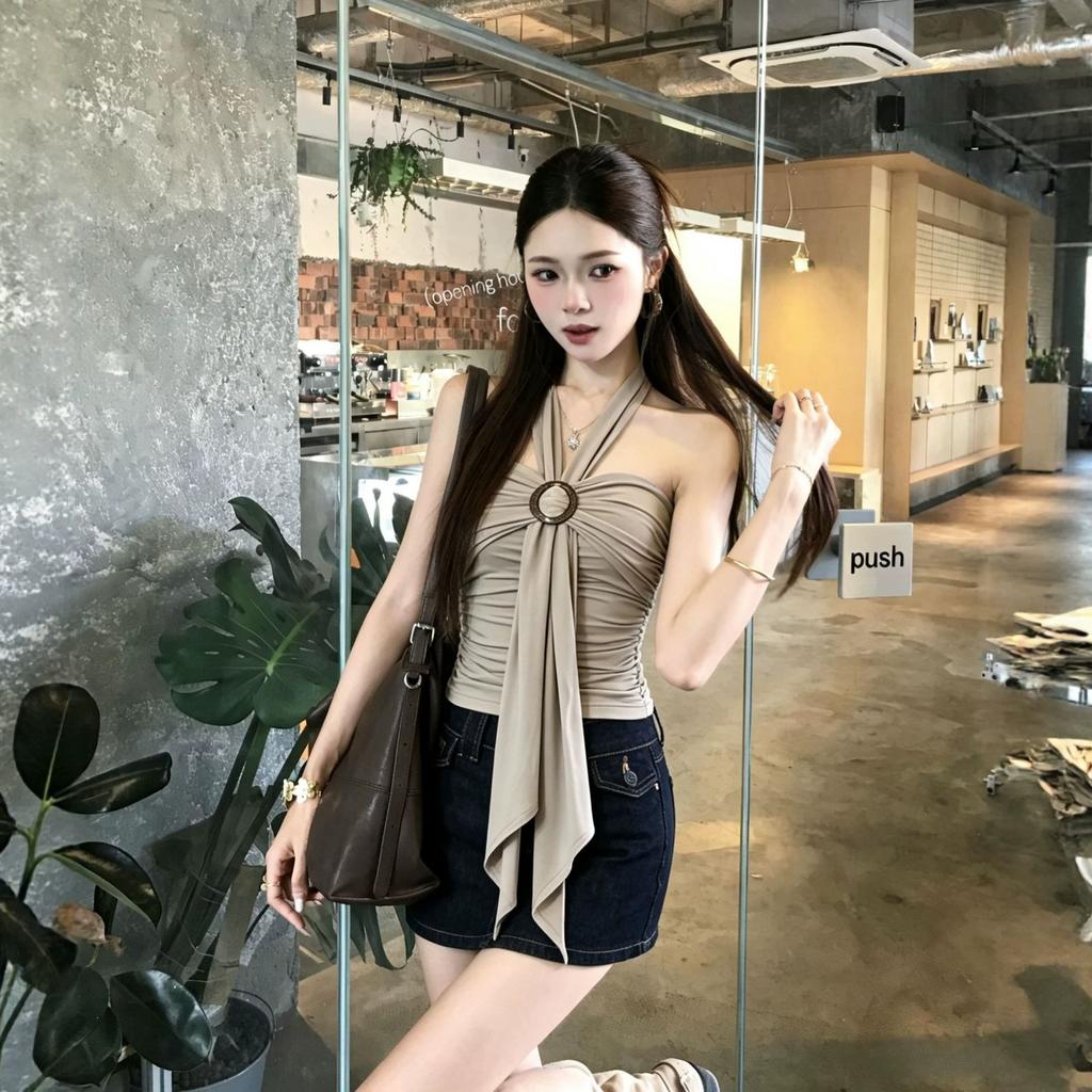 Spice Girl Design Sense Neck Ribbon Tube Top Women's Summer Wood Ring Accessories Pleated Waist Skinny Fashion Temperament Vest