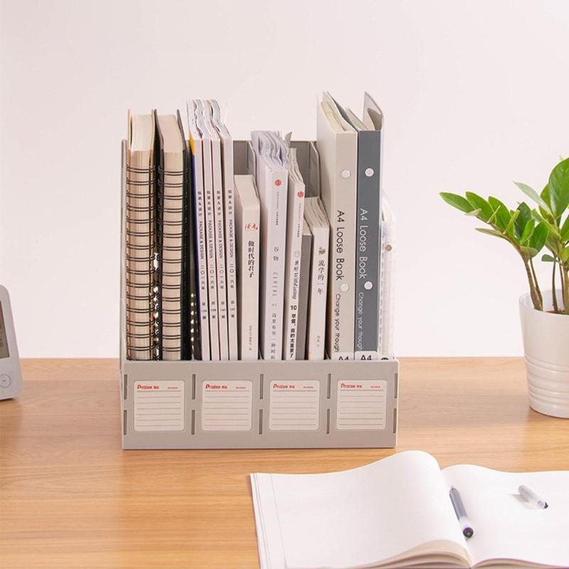 File Storage Box Lightweight Magazine File Holder Desk Organizer with 4 Vertical Compartments File Box Removable Bookend