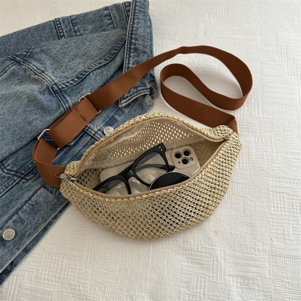 Women'S Stylish Woven Chest Bag - Light Brown, Breathable Crossbody Sling Phone Pouch with Zipper Closure, Versatile Waist Pack for Beach, Sports