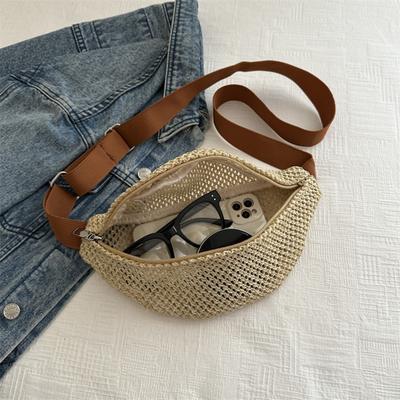 Women'S Stylish Woven Chest Bag - Light Brown, Breathable Crossbody Sling Phone Pouch with Zipper Closure, Versatile Waist Pack for Beach, Sports