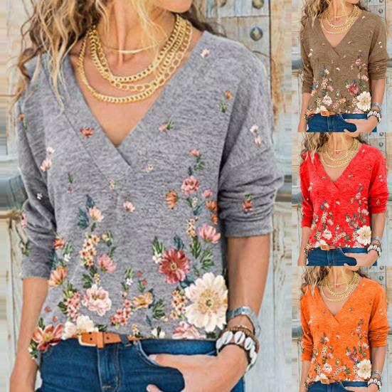 

Женская блузка с V-образным вырезом и цветочным принтом, осенне-зимний пуловер с длинными рукавами