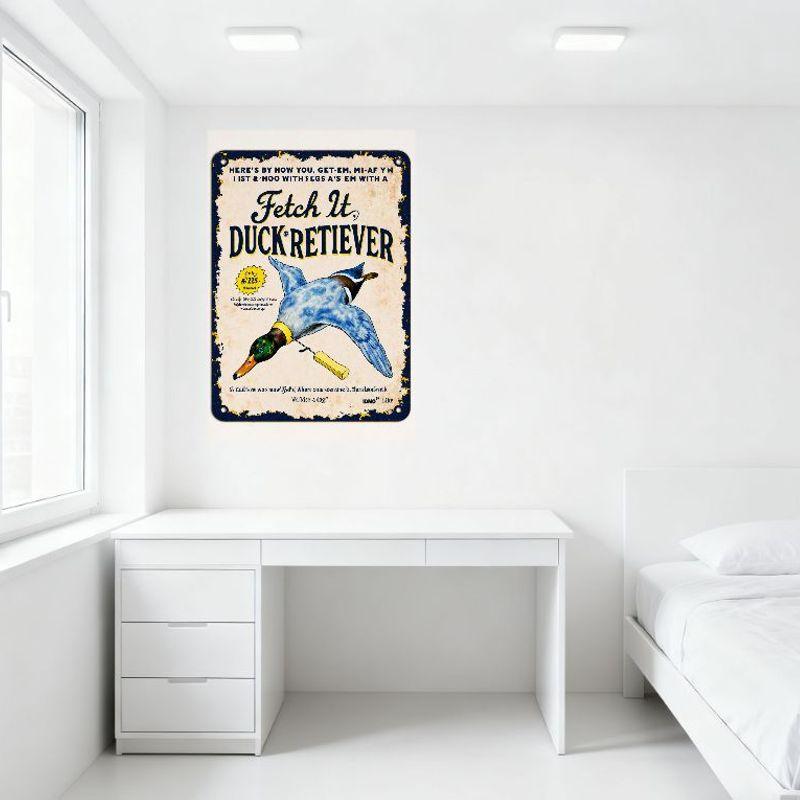 Vintage Mallard Duck Fetch It Dog Toy Tin Sign - Blue Border Yellow Distressed Edge Metal Sign for Home Bar Pub Wall Decor, Only
