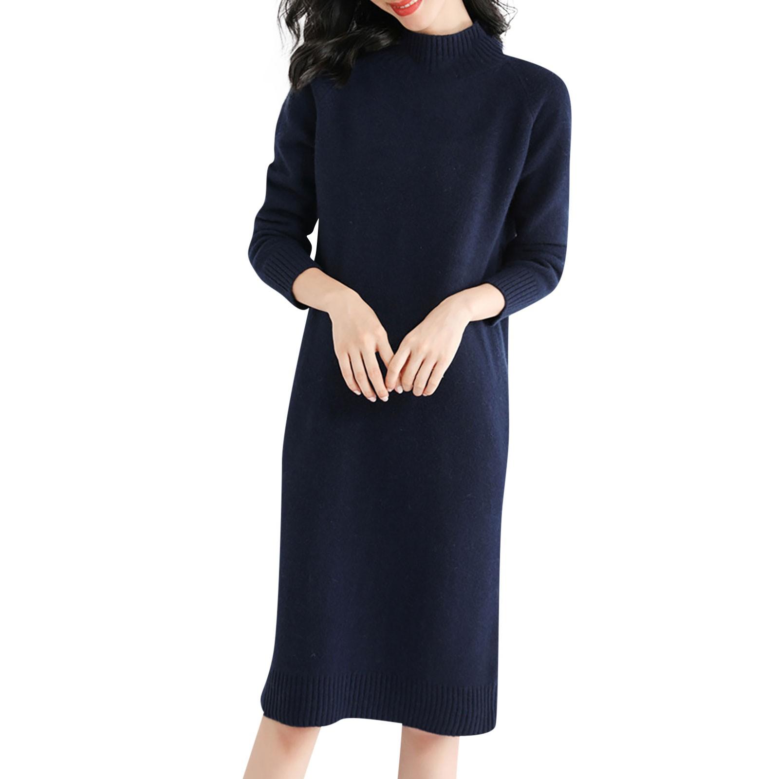 

Женское шерстяное трикотажное платье с полувысоким воротником, однотонный свитер с длинными рукавами, длинное платье синий