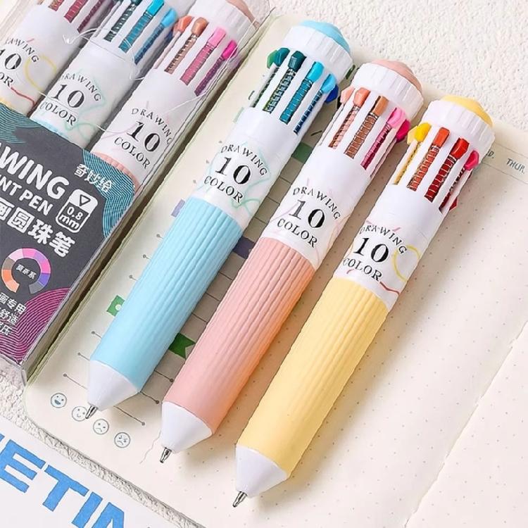 3Pcs Retractable Multicolored Pen 10-Color-in-1 Ballpoint Pens 0.8MM Tip for Student Writing Note Taking Journaling