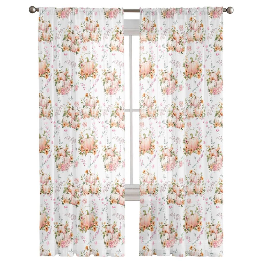 Thanksgiving Pumpkin Flowers Sheer Curtains For Living Room Bedroom Tulle Curtain For Kitchen Voile Curtain Blind Panels