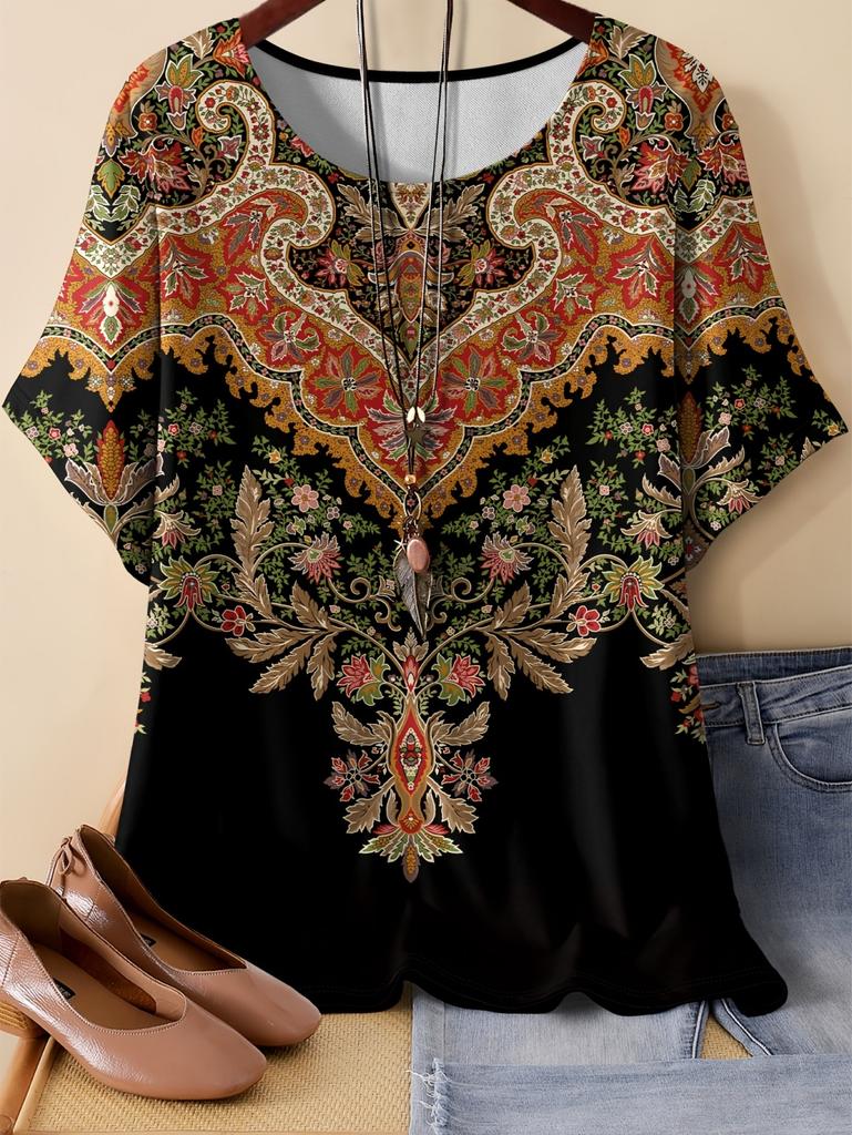 Vintage Paisley Graphics Women's Short Sleeve T-Shirt Ethnic Style O-Neck Y2k 3D Printed Top Tees Summer Loose Women's Clothing