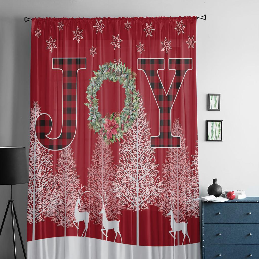 Weihnachts Rentier Schneeflocke Wald Transparente Vorhänge für Kinderzimmer Wohnzimmer Voile Vorhänge Weihnachten Küche Tüllvorhang